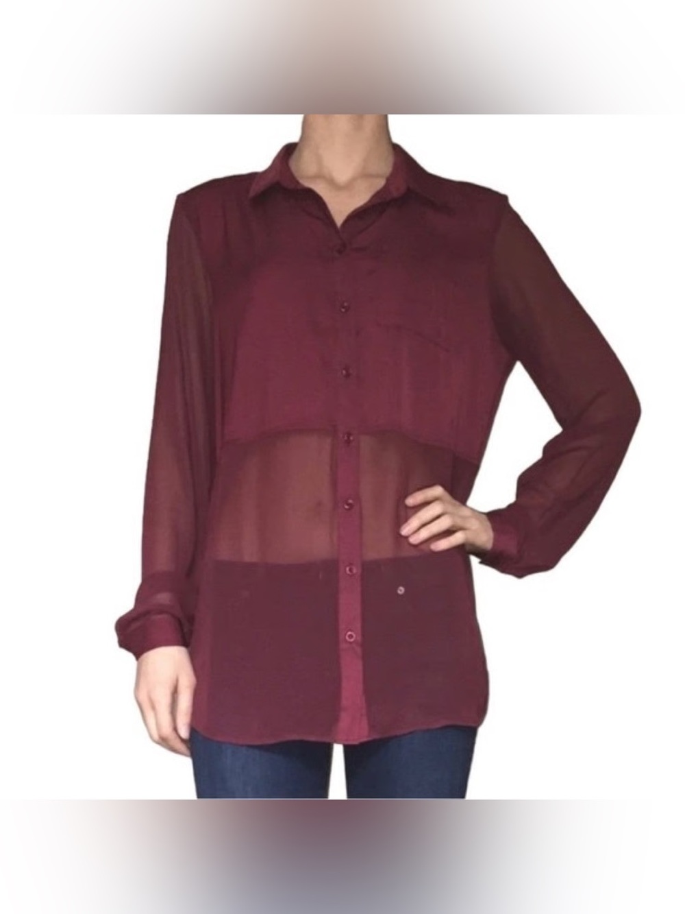 Free People Best of Both Worlds Blouse Size Sm Burgundy Sheer Chiffon Button-Up